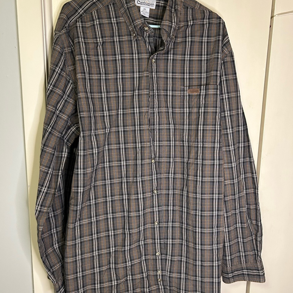 Carhartt Men's Tan and Black Plaid Button-Down Shirt